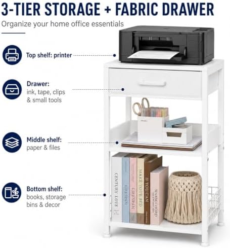 Lerliuo Printer Stand with Storage, 3-Tier Printer Table,White