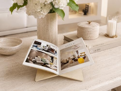 Faux Travertine Resin Book Stand, Large Open Book Holder Stand for Display & Reading, Coffee Table Book Stand for Cookbooks, Bible, Quran, Guest Books, Art Books, Neutral Beige Decorative Bookstand