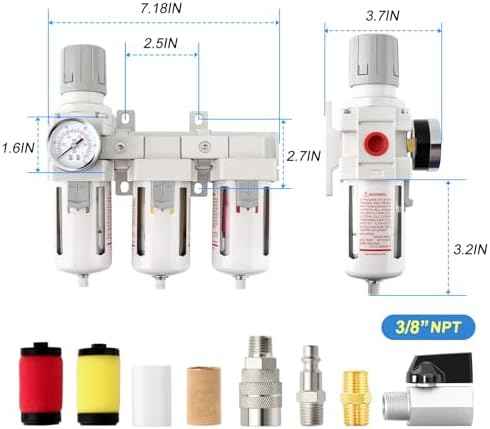 MEANLIN Industrial 3/8" NPT 3 Stage Air Drying System,Coalescing Filter, Particulate Filter and Air Regulator, Manual Drain for Air Tools and Spray Paint Gun