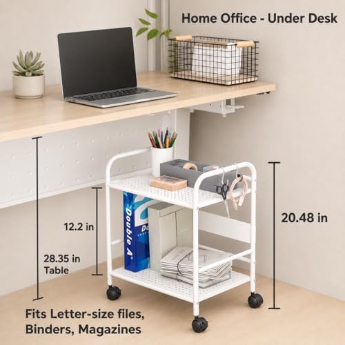 2-Tier Metal Rolling Cart, Compact Under Desk Storage Organizer
