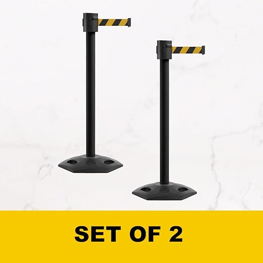 Montour Line MSR760 Set of 2 Retractable Belt Barrier Stanchion, Rubber Base, Black Powder Coated Post (35 ft Dark Blue Belt)