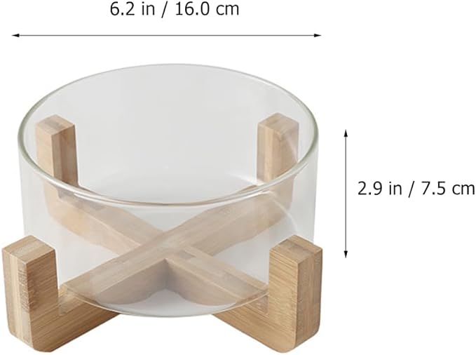 PRETYZOOM Glass Salad Bowl with Solid Wood Base Versatile Serving Bowl Kitchen Utensils for Fruits Noodles Desserts 6 Inch