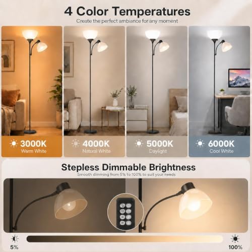 GERGO Torchiere Floor Lamp with Remote Control and Adjustable Reading Light