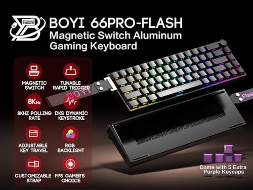 BOYI 66Pro-Flash Aluminum Magnetic Switch Gaming Keyboard,TMR/HE Keyboard Gaming 65% Hall Effect,RGB HotSwap 0.01mm Hyper-Fast 8K Hz Polling Rate,PBT Side Printed Keycaps Mechanical Keyboard with Knob