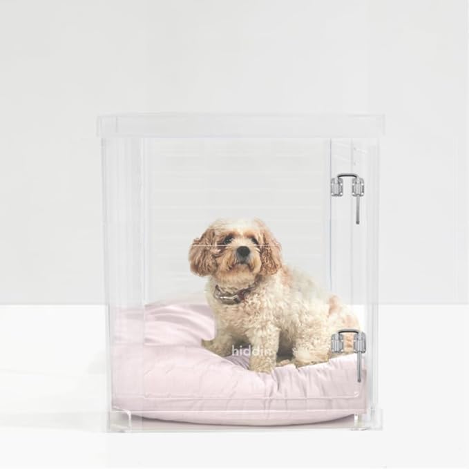 Clear Acrylic Medium Dog Crate Furniture with Blush Cushion for Medium Dogs up to 40 lbs, 3 in 1 Pet Crate and Gate, Modern Furniture Style Indoor Kennel, Dual Silver Latch, 20 x 30 x 22 in