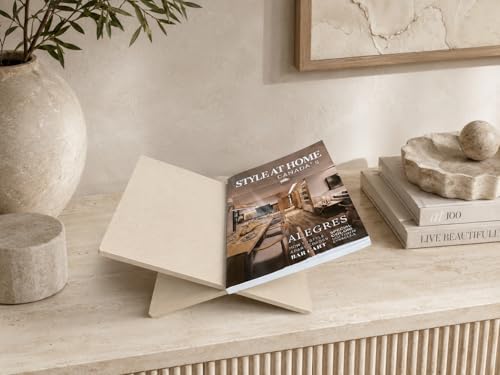 Faux Travertine Resin Book Stand, Large Open Book Holder Stand for Display & Reading, Coffee Table Book Stand for Cookbooks, Bible, Quran, Guest Books, Art Books, Neutral Beige Decorative Bookstand