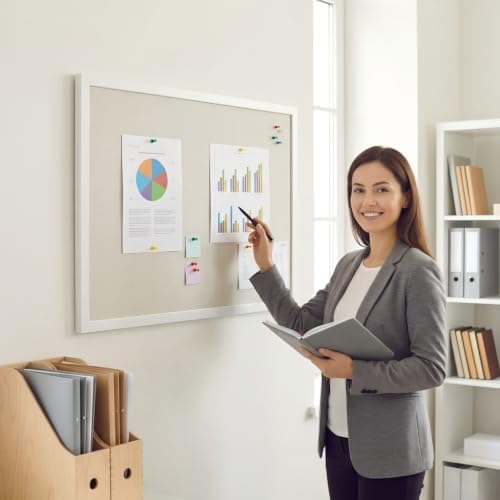 Gideal White Bulletin Board with Pine Wood Frame and Linen Surface