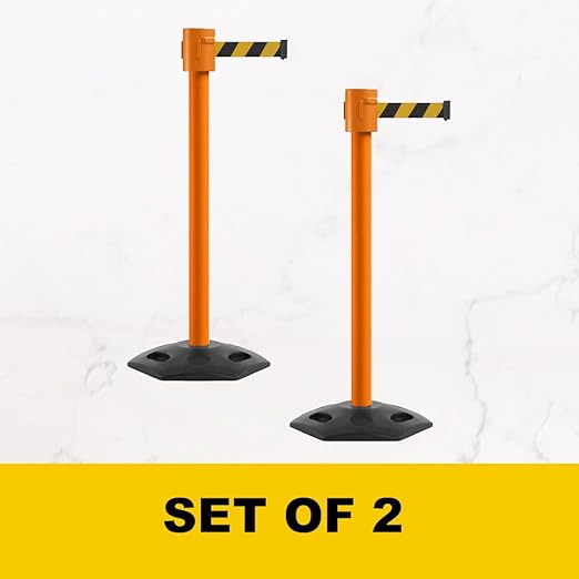 Montour Line MSR760 Set of 2 Retractable Belt Barrier Stanchion, Rubber Base, Orange Post (35 ft Purple Belt)