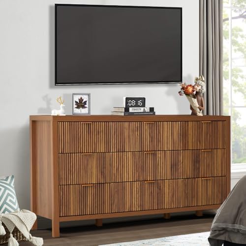 Mid Century Modern Dresser TV Stand, 9 Drawer Dresser for Bedroom Wood, Farmhouse Boho Storage Cabinet Side Table with Solid Natural Wood Legs, Long Wooden Nightstand for Closet (Walnut)