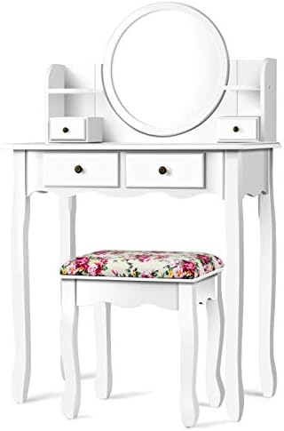 CHARMAID Vanity Set with 4 Storage Shelves and 4 Drawers, Makeup Table with 360° Pivoted Round Mirror and Makeup Organizers, Dressing Table with Mirror and Cushioned Stool for Women Girls (White)
