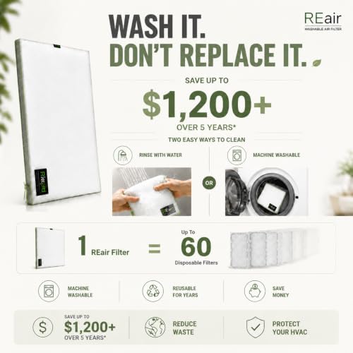 Reair 14x25x1 Air filter, Washable and Reusable Air Filter 14x25x1 for AC HVAC Furnace, MERV 8 Air Filters Machine Washable & Dryer Friendly, AC Furnace Air Filter