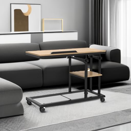 Tribesigns Height Adjustable C Table with Wheels, Mobile Couch Snack Side Table with Tiltable Drawing Board, Sofa Bedside Laptop Stand C Shaped TV Tray with Storage Shelves (Black+Oak)