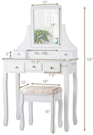 CHARMAID Makeup Vanity Set with Mirror and Cushioned Stool, Dressing Table with 5 Drawers and Removable Storage Organizers, Bedroom Makeup Table with Stool for Women Girls (White)