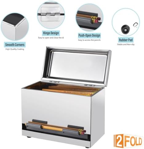2Fold Pencil Dispenser for Classroom - Stainless Steel Bulk Pencil Holder for Desk - Includes Removable Label Stickers - Teacher Must Haves for Organization - Holds up to 200 Pencils (Silver)