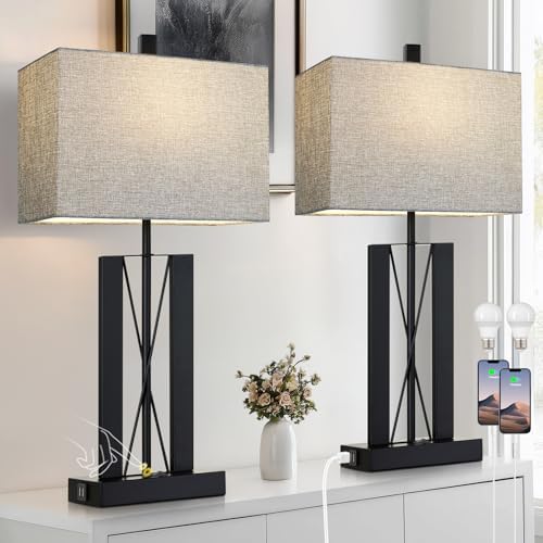 Lolikit 25" Table Lamps Set of 2, Modern Table Lamp for Living Room with 2 USB Charging Ports, Nightstand Geometric Industrial Bedside Lamp with Gray Shade for Bedrooms End Table Decor, Bulbs Included