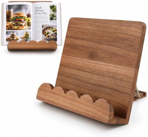 Cookbook Stand for Kitchen Counter, Adjustable Solid Wood Recipe Holder