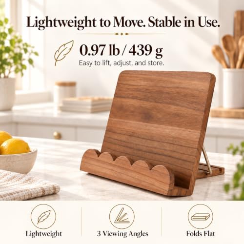 Cookbook Stand for Kitchen Counter, Adjustable Solid Wood Recipe Holder