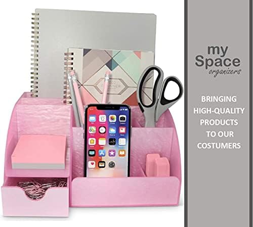 My Space Organizers Pink Desk Organizer Office, Acrylic, with Drawer, 9 Compartments, Supplies and Cool Desk Accessories Organizer, Desktop Pen Holder (Pink)