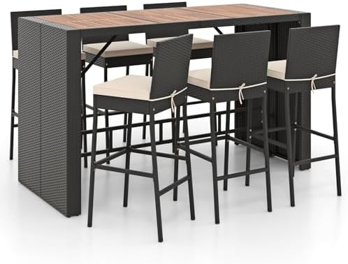 COSTWAY 7 PCS Patio Rattan Wicker Bar Set, 30'' Bar Height Chairs with Back, Footrest and Cushion, Outdoor Table with Wooden Top for Backyard Garden Deck