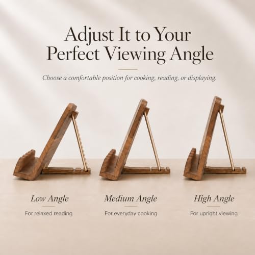 Cookbook Stand for Kitchen Counter, Adjustable Solid Wood Recipe Holder