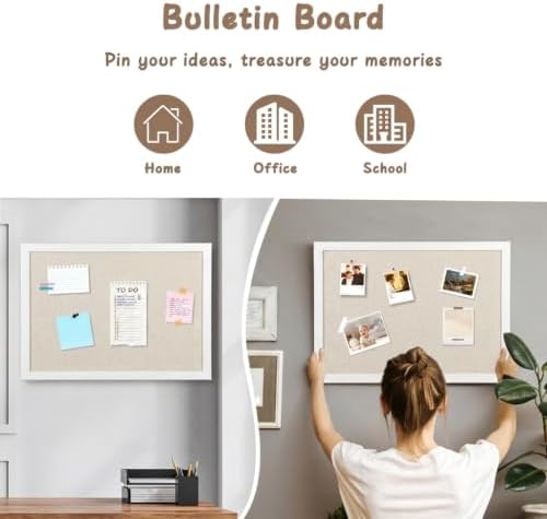 Gideal White Bulletin Board with Pine Wood Frame and Linen Surface