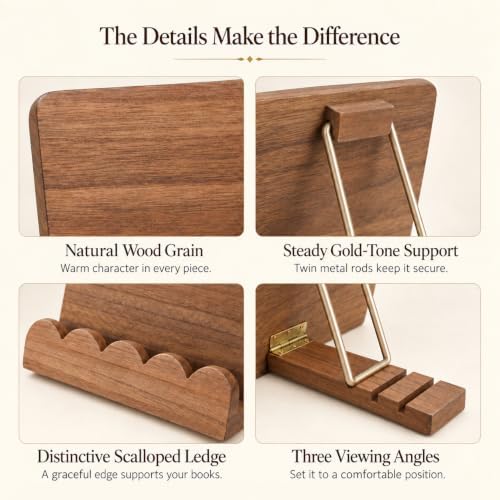 Cookbook Stand for Kitchen Counter, Adjustable Solid Wood Recipe Holder