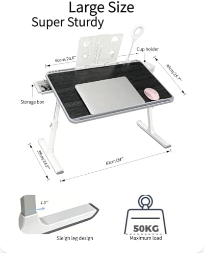 Foldable and Adjustable admireshun Laptop Bed Table with Hidden Drawer, Cup Holder, USB Voice-Controlled Night Light, Black, 23.6"x15.7", Suitable for Working, Gaming, and Other uses on Bed and Sofa