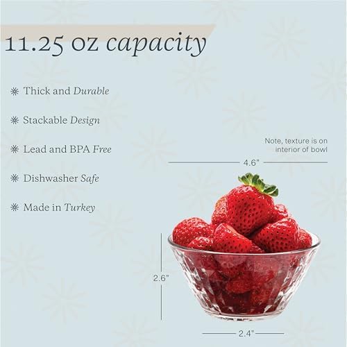 Vikko Glass Bowls, Set of 6 Decorative Dessert Bowls, 11.75 Ounce Glass Dish for Dessert, Candy, Kitchen Prep, Dishwasher Safe
