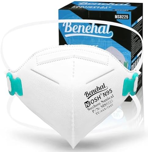 BENEHAL N95 Masks for Adults - 50 NIOSH-Approved 5 Ply Individually Wrapped Reusable N95 Face Masks - 95% Filtration for Easy Breathing, Designed for Long Wear, Helps Filter Pollen, Mold Spores & Dust