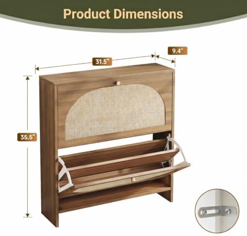 Rattan Shoe Cabinet with 2 Flip Drawers, Arched Accent Shoe Storage for Entryway, 9.4" Slim Shoe Rack with Anti-Tip Wall Mount & Adjustable Shelves, Farmhouse Boho Organizer for Boots, Sneakers, Heels