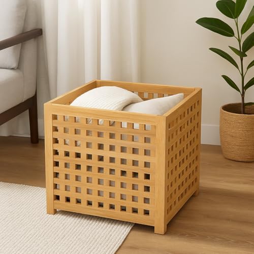 Wooden Storage Box with Lid – Natural Rustic Cube Bench Organizer for Laundry, Shoes, Entryway – Indoor Outdoor Breathable Wood Chest, Crate Bin, Furniture Decor for Home