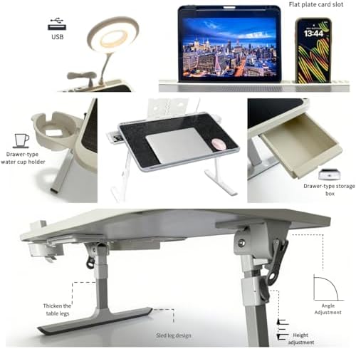 Foldable and Adjustable admireshun Laptop Bed Table with Hidden Drawer, Cup Holder, USB Voice-Controlled Night Light, Black, 23.6"x15.7", Suitable for Working, Gaming, and Other uses on Bed and Sofa