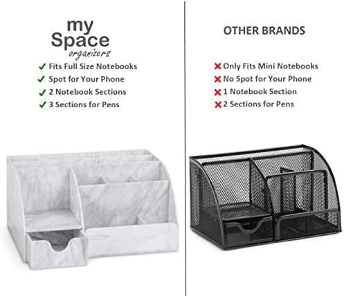 My Space Organizers Marble Desk Organizer For Office Supplies And Accessories - 9 Sections - Pencil Pen Holder Storage - Desktop Organization Decor Essentials (White Grey Marble)