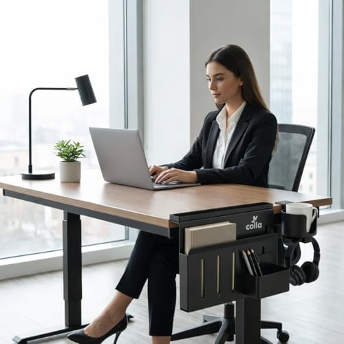 Desk Side Storage Organizer with Laptop Holder & Clamp Cup Holder, Hanging Desk Organizer with Cable Management & Magnetic Pen Tray for Vertical Laptop Storage