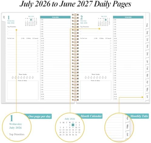 2026-2027 Daily & Monthly Planner - One Page Per Day, Daily Planner from July 2026 - June 2027, Planner 2026-2027 with 12 Monthly Tabs, 8.5" x 11", Blue Leaf Flower