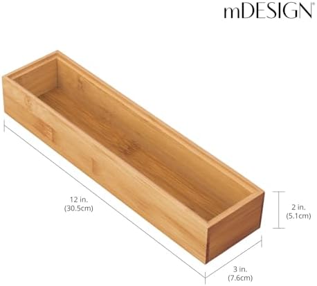 mDesign Slim Wooden Bamboo Drawer Organizer for Office - 12" Long Stackable Storage Box Tray for Desk Drawers/Cabinet - Junk Drawer and Accessories Organization - Echo Collection, 6 Pack, Natural Wood