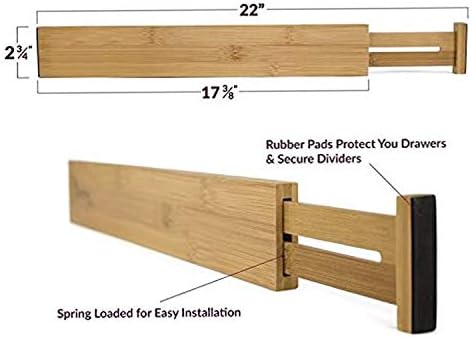 MEKBOK 4-pack Bamboo Kitchen Drawer Divider, Adjustable Drawer Storage, Spring loaded, Suitable for kitchens, Dressing tables, Bathrooms, bedrooms, Drawers, Desks