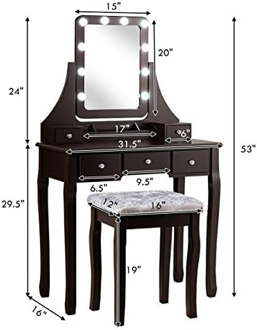 DORTALA Vanity Table Set w/ 360-Degree Rectangular Mirror & Cushioned Stool, Makeup Table w/ 10 LED Dimmable Bulbs, Bedroom Wood Dressing Table w/ 5 Drawers & Removable Box Organizer, Brown