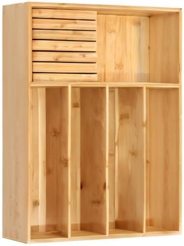 VaeFae Bamboo Silverware Drawer Organizer, 5 Slots, Natural