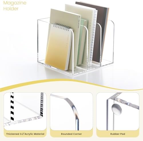 HeZone Acrylic Magazine File Holder,Clear File Organizer with 3 Compartment
