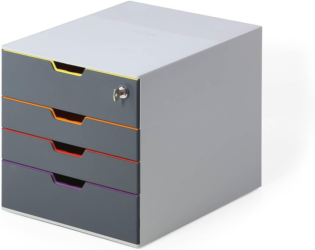 Durable Varicolor Drawer Organizer, 4 Lockable Color Coded Drawers, Gray