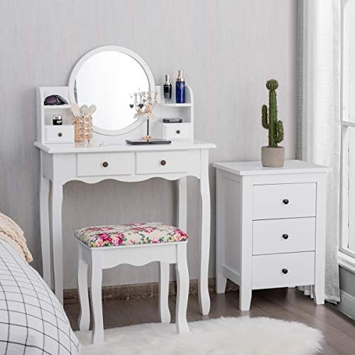 CHARMAID Vanity Set with 4 Storage Shelves and 4 Drawers, Makeup Table with 360° Pivoted Round Mirror and Makeup Organizers, Dressing Table with Mirror and Cushioned Stool for Women Girls (White)