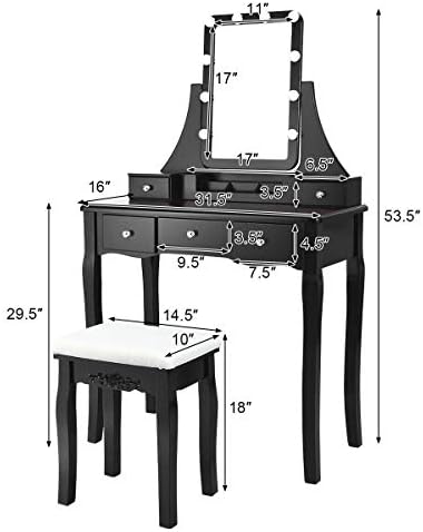 DORTALA Vanity Table Set w/Lighted Mirror, Morden Vanity Dressing Table w/ 10 Dimmable Light Bulbs & 5 Drawer, 2 Dividers Removable Organizer, Bedroom Makeup Table Set w/Cushioned Stool, Black