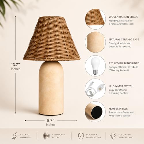 14" Small Mini Wicker Table Lamp – Handmade Ceramic Base with Rattan Shade, Dimmable Nightstand or Accent Light for Nursey, Kitchen Counter, Small Spaces, Bookshelf, Nightstand – Boho Decor