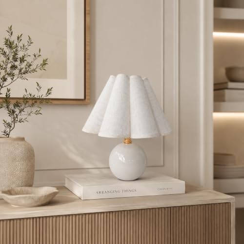 Small Ceramic Table Lamp, 11.5'' Cute Scalloped Lamp (White)