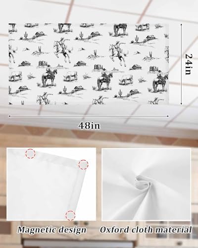 Black Western Cowboy Fluorescent Light Covers for Ceiling Lights 4x2 feet, 4-Pack Magnetic Light Filters for Classroom, Vintage Horse Cactus Ethnic Art Fluorescent Lights Shade Panel for Office School