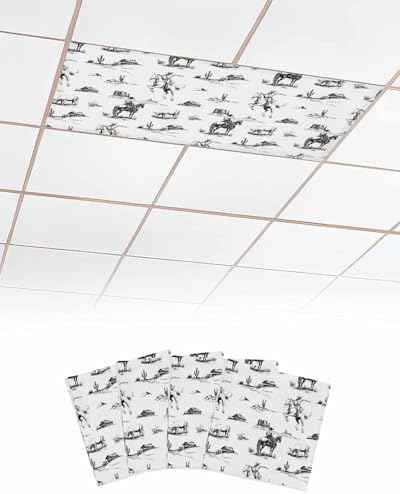 Black Western Cowboy Fluorescent Light Covers for Ceiling Lights 4x2 feet, 4-Pack Magnetic Light Filters for Classroom, Vintage Horse Cactus Ethnic Art Fluorescent Lights Shade Panel for Office School