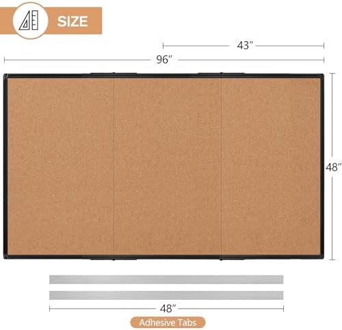 Extra Large Cork Bulletin Board 96" X 48", Foldable Notice Pin Board for Wall, Black Aluminum Framed 8'x4' Corkboard, Wall Mounted Noticeboard with 36 Push Pins for School, Home & Office