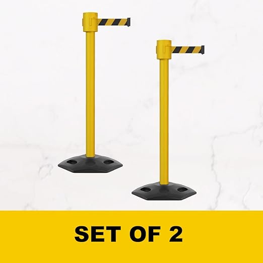 Montour Line MSR760 Set of 2 Retractable Belt Barrier Stanchion, Rubber Base, Yellow Post (35 ft Orange Belt)