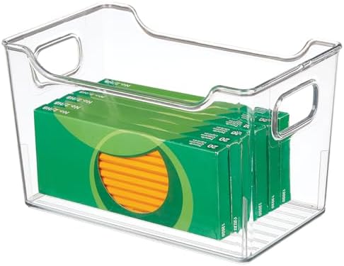 mDesign Deep Plastic Office Storage Bins with Handles for Organization in Filing Cabinet, Closet, or Desk Drawers, Organizer for Notes, Pens, Pencils, and Staples - Ligne Collection - 4 Pack - Clear